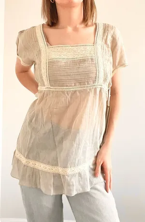 Vintage Marty Nordstrom Boho Lace-Trim Square Neck Women's Top in Cream thumbnail 1