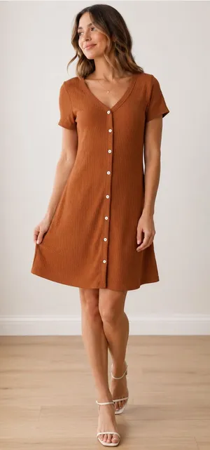 Liberty Love Rust Brown Waffle Knit Button Front Mini Dress Large Boho Casual thumbnail 1