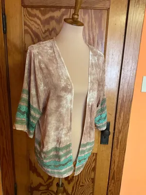 WYLD HEART Boho Tie Dye Kimono Cardigan Taupe Teal Lace Trim Open Front Size L thumbnail 10