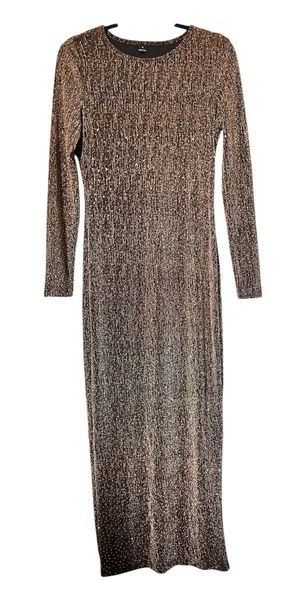 Strech Long Sleeve Metallic Maxi Dress Brillant Gold-Bronze S thumbnail 1