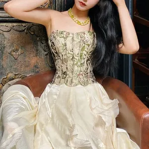 Floral Corset Top Bustier Ivory Green Pink Botanical Print Boned Sweetheart‎ thumbnail 1