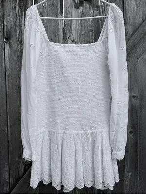 EUC LoveShackFancy Jayce Smocked Eyelet Scalloped Hem Mini Dress White Large thumbnail 5