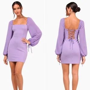 NWT Lulus Lace-Up Back Solid Mini Dress Purple Romantic Puff Sleeve Size S thumbnail 2