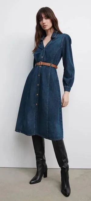 Zara Dark wester Blue Denim Midi Shirt Dress with Brown Belt thumbnail 1