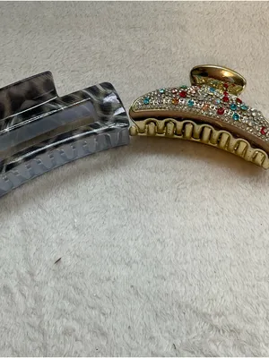 Rhinestone Gold & Grey Tortoise Hair Claw Set - Elegant Women’s Accessories thumbnail 2