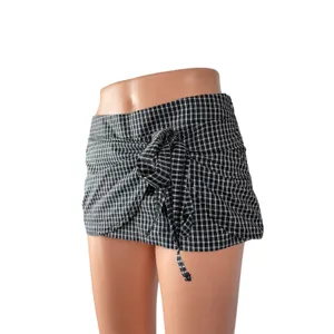 NEW Lioness Kensington Black Plaid Tie Wrap Low Waist Mini Skort Skirt Short XS thumbnail 2