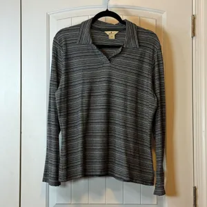 Woolrich Womens XL Grey Striped Long Sleeve‎ Polo Shirt Collared Heritage Style thumbnail 3