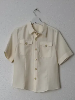 AMII Ivory Textured Short Sleeve Button Down Shirt Gold Buttons M thumbnail 7