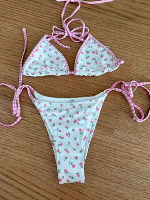 White Floral String Bikini with Pink Rose Print thumbnail 1