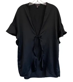 Victorias Secret Black Satin Love Graphic Kimono Robe‎ Ruffle Sleeve One Size thumbnail 1
