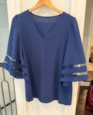 Blue V-Neck Blouse Mesh Inset Bell Sleeves Size Large thumbnail 1