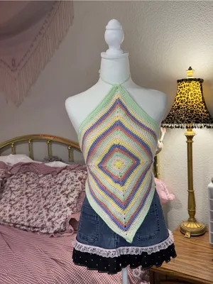 Handmade Pastel Multicolor Crochet Halter Camisole Top thumbnail 6
