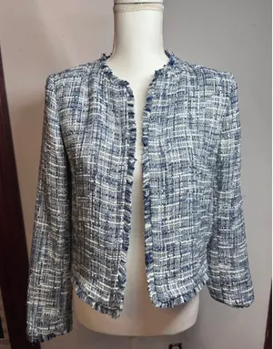 Calvin Klein Womens Blue White Tweed Fringe Open Front Jacket Size 2 Old money thumbnail 1