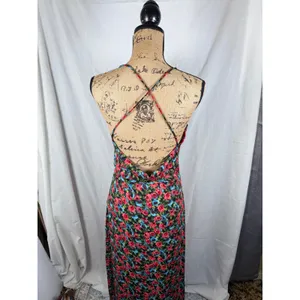 NastyGal Maxi Dress 2 Black Red Floral Open Cowl Back Side Slit‎ Dark Romance thumbnail 5