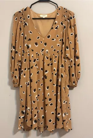 Umgee USA Leopard Print Babydoll Dress Medium Tan Black Boho V Neck thumbnail 1