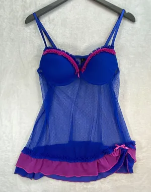 Just Sexy Lingerie Babydoll Sheer Lace Ruffle Trim Blue Pink Y2k slip dress‎ L thumbnail 1