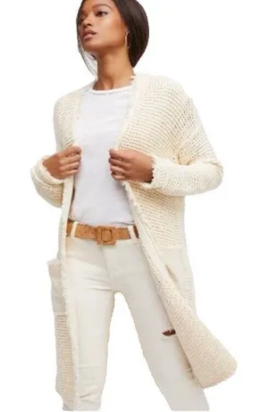 Free People Wouldn't Knit Be Nice L LongLine Ivory open front Cardigan thumbnail 1