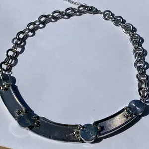 🤍 Y2K 2000s White Enamel Panel Clear Faceted Rhinestones Silver Tone Metal Double Cable Chain Necklace 🤍 thumbnail 6