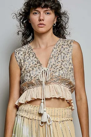 POL Shimmer Pattern Deep V Tie Front Tassel Ruffle‎ Hem Sleeveless Crop Top - M thumbnail 1