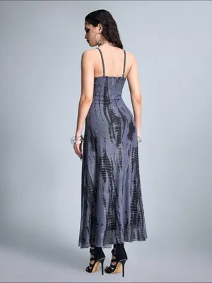 Sleek Gray Grunge Goth Plunge Maxi Dress with High Slit New thumbnail 3