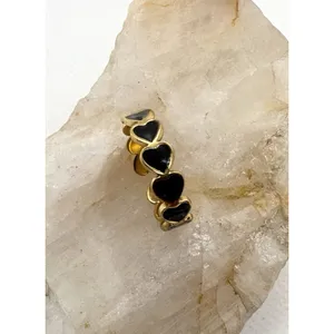 18K Gold‎ Plated Heart Enamel Band Ring Size 7 Open Adjustable Black Hearts Cute thumbnail 2