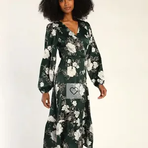 Lulus Women’s Sensationally So Emerald Green Floral Print Wrap Midi Dress Size Medium thumbnail 4