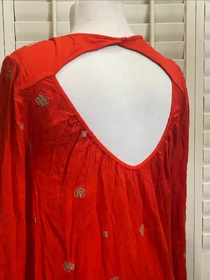 NWOT Free People Red Embroidered V-Neck Mini Babydoll Dress thumbnail 7