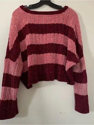 Heart soul Pink Red Striped Cropped Knit Sweater Large Cozy Soft thumbnail 5