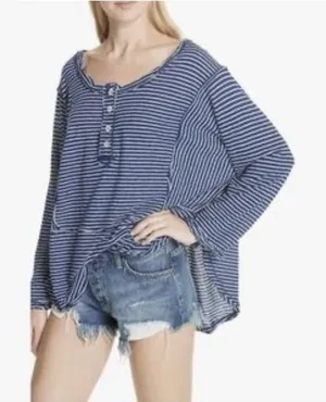 We The Free People S Small Hong Kong Henley Top Navy Striped Raw Hem Boho Beachy thumbnail 1