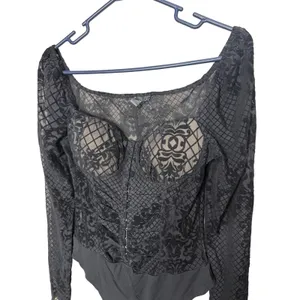 Windsor Black Flocked Velvet Mesh Corset Bodysuit Long Sleeve Square Neck Medium thumbnail 2