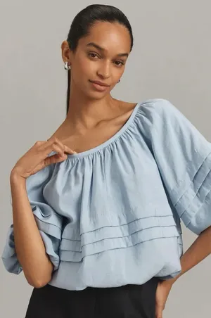 Maeve Anthropologie Short Sleeve Bubble Tiered Top Sky Blue Women’s Size Medium thumbnail 1