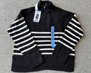 DKNY Womens Quarter‎ Zip Striped Pullover Sweater Black White Large NWT thumbnail 1