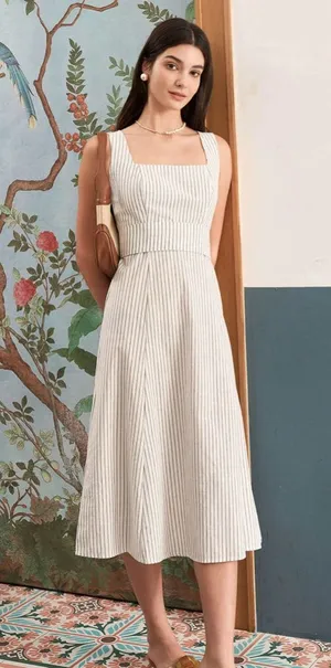 Rihoas White Square Neck Striped Midi Dress Size L thumbnail 1