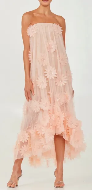 NEW HELSI Athena Bead & 3D floral Appliqué Strapless Mesh Pink Pearl Gown sz S thumbnail 1