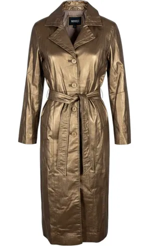Metrostyle Women Metallic Bronze Genuine Leather Trench Coat Long Belted Small thumbnail 1