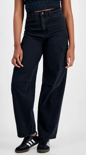 Tinseltown Juniors Cargo Jeans Size 0 Black High Rise Baggy Wide Leg Denim thumbnail 1