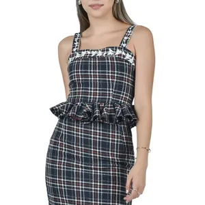 FANM MON Tweed Tartan Plaid Embroidered Square Neck Peplum Top XS NWT thumbnail 2