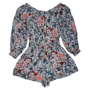 Free People M Floral Long Sleeve Off Shoulder Romper Open Back‎ Shorts Blouson thumbnail 7