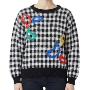 Vintage Black White Check Wide Stitch Rainbow Detail Crew Neck Sweater size S thumbnail 2