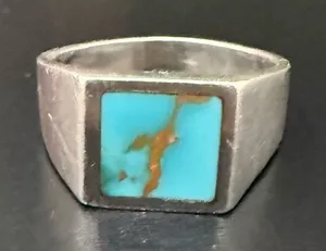 Vintage Sterling Silver Turquoise Inlay Signet Ring Size 7 thumbnail 1
