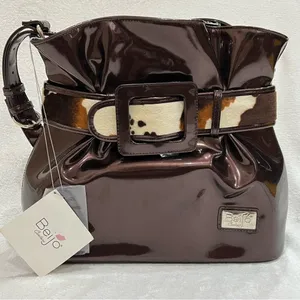 Beijo Copper Brown Faux Leather Bag with Cow Hair Belt Detail NWT thumbnail 3