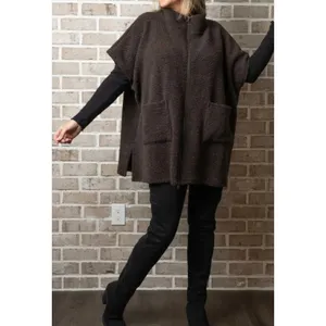 Bryn Walker Wool Sleeveless Pip Poncho‎ Brown Textured Zip Up Cozy Oversized XXS thumbnail 2