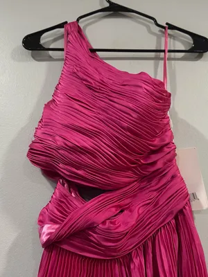 Mac Duggal 49837 Fuchsia Pink One Shoulder Pleated Charmeuse Gown with Slit sz 0 thumbnail 2