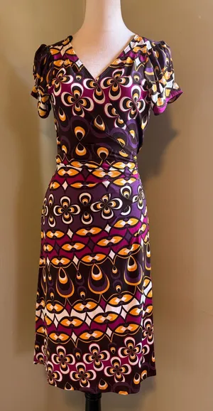 Bisou Bisou Mic 12 Purple Geometric‎ Print Wrap Midi Dress Y2K boho whimsi retro thumbnail 1