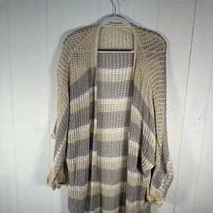 Women’s XL Beige Striped Open Knit Long Cardigan Duster Boho thumbnail 2