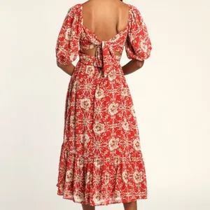 NWT Lulus Daily Daydream Rust Red Floral Print Puff Sleeve Midi Dress - Size L thumbnail 2