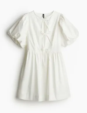H&M White Puff Sleeve Tie Front Mini Dress thumbnail 1