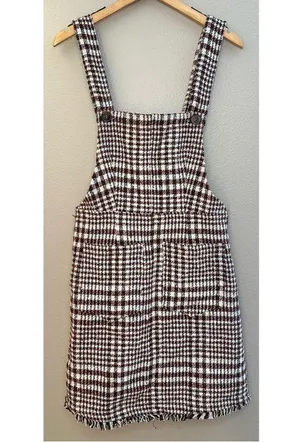 NWT Tea N Rose Brown and White Overall Houndstooth Pinafore Dress Raw Hem thumbnail 3