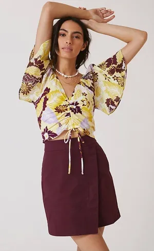 Maeve Anthropologie cinched yellow floral flutter sleeve tie top thumbnail 1