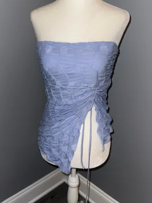 Urban Outfitters Light Blue Strapless Ruched Drawstring Women's Top size large thumbnail 2